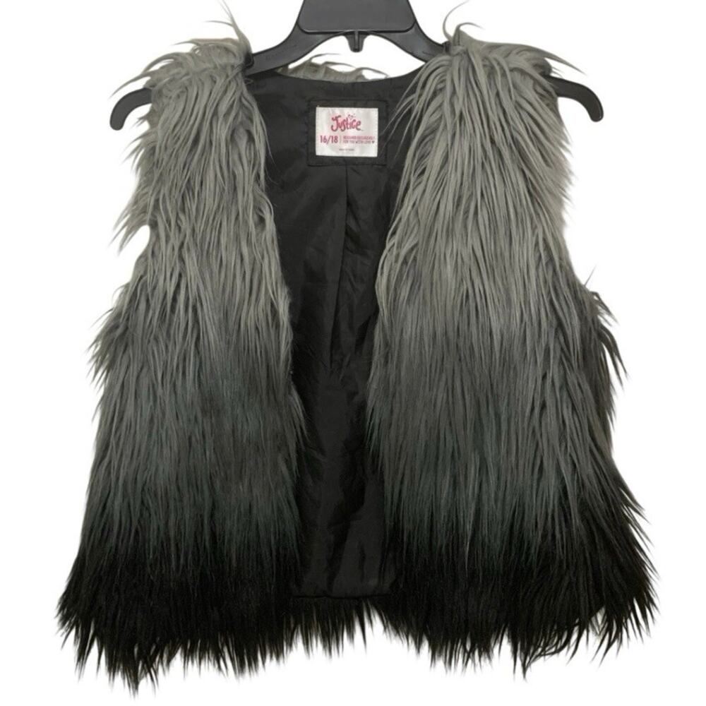 Justice Girls 16/18 Gray Black Ombre Shaggy Faux Fur Vest Y2K Glam Style NWOT